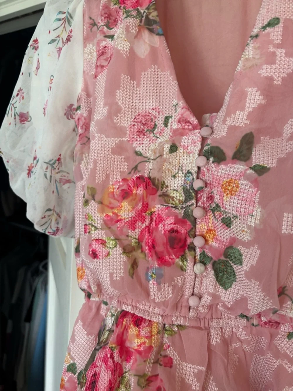 Anthropologie Pink Floral V-Neck Peplum Blouse with Sheer Puff Sleeves